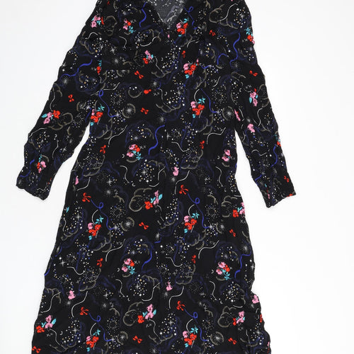 Marks and Spencer Womens Black Geometric Viscose A-Line Size 10 V-Neck Zip - Tie Detail