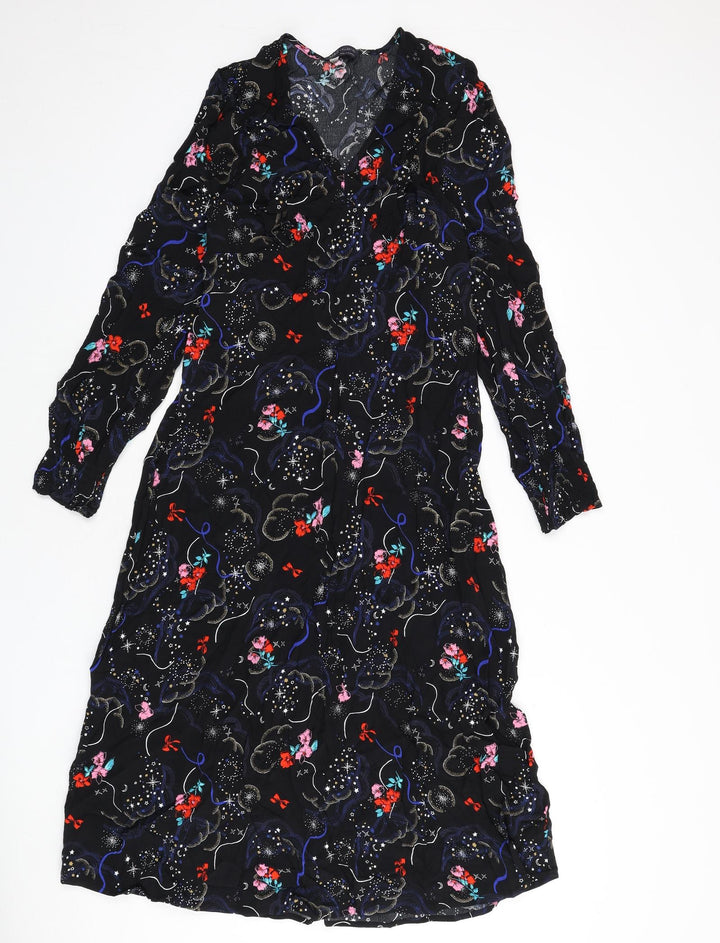 Marks and Spencer Womens Black Geometric Viscose A-Line Size 10 V-Neck Zip - Tie Detail