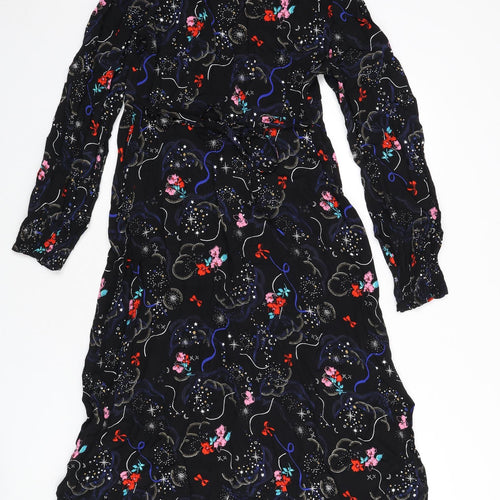 Marks and Spencer Womens Black Geometric Viscose A-Line Size 10 V-Neck Zip - Tie Detail
