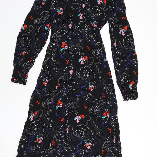 Marks and Spencer Womens Black Geometric Viscose A-Line Size 6 V-Neck Zip - Tie Detail