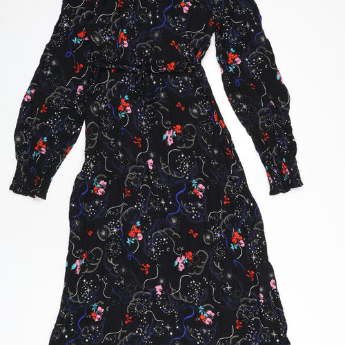 Marks and Spencer Womens Black Geometric Viscose A-Line Size 6 V-Neck Zip - Tie Detail