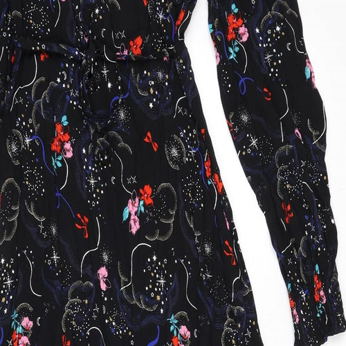 Marks and Spencer Womens Black Geometric Viscose A-Line Size 6 V-Neck Zip - Tie Detail