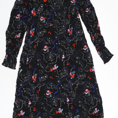 Marks and Spencer Womens Black Geometric Viscose A-Line Size 10 V-Neck Zip - Tie Detail
