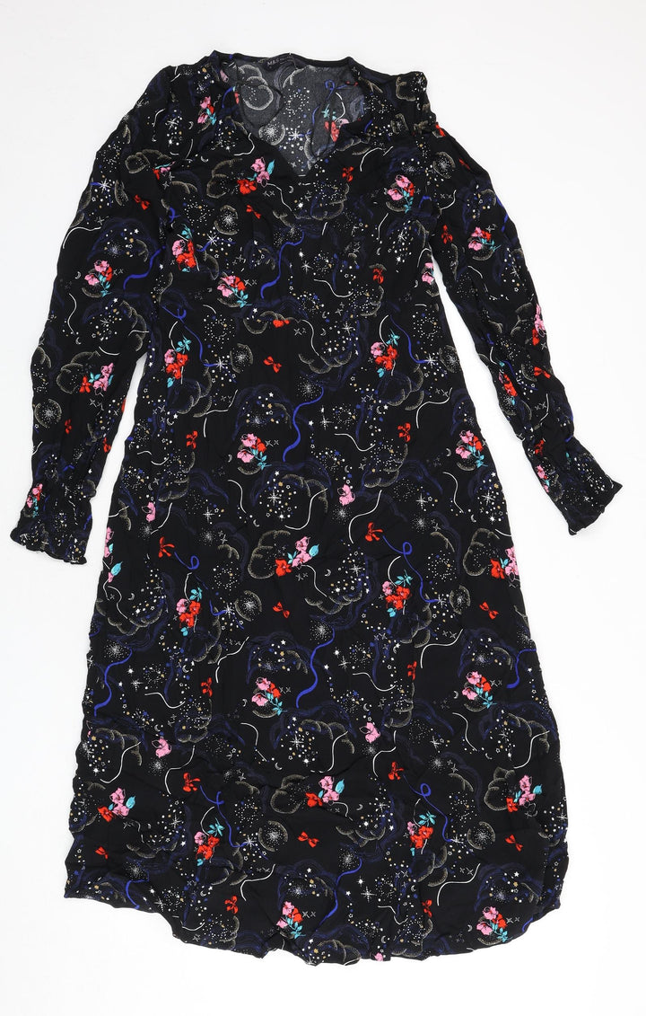 Marks and Spencer Womens Black Geometric Viscose A-Line Size 10 V-Neck Zip - Tie Detail