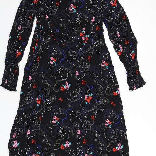 Marks and Spencer Womens Black Geometric Viscose A-Line Size 10 V-Neck Zip - Tie Detail