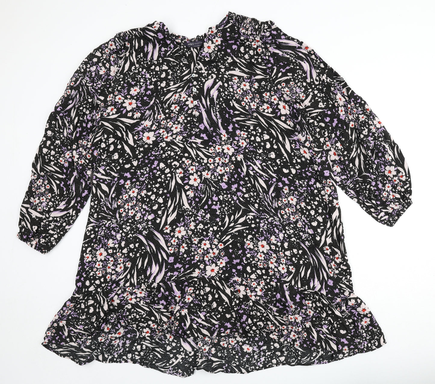 Marks and Spencer Womens Black Viscose A-Line Size 22 V-Neck Button - Flowers, Glitter
