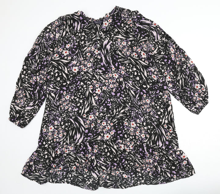 Marks and Spencer Womens Black Viscose A-Line Size 22 V-Neck Button - Flowers, Glitter