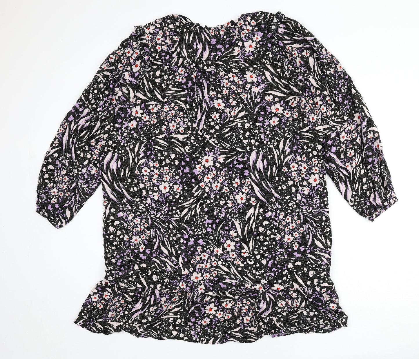 Marks and Spencer Womens Black Viscose A-Line Size 22 V-Neck Button - Flowers, Glitter