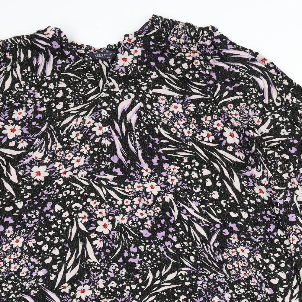 Marks and Spencer Womens Black Viscose A-Line Size 22 V-Neck Button - Flowers, Glitter