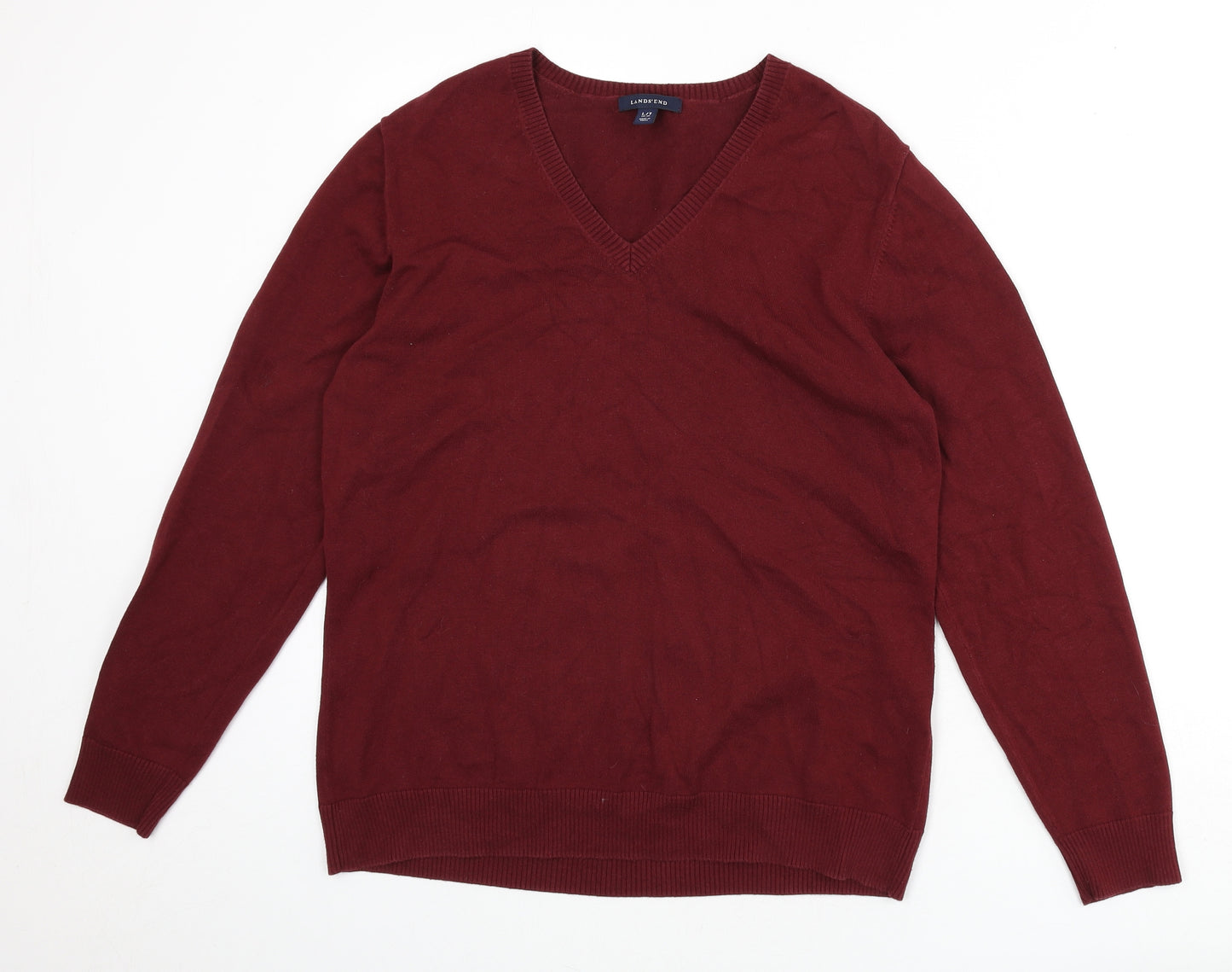 Lands' End Womens Red V-Neck Cotton Pullover Jumper Size 14 - Size 14-16
