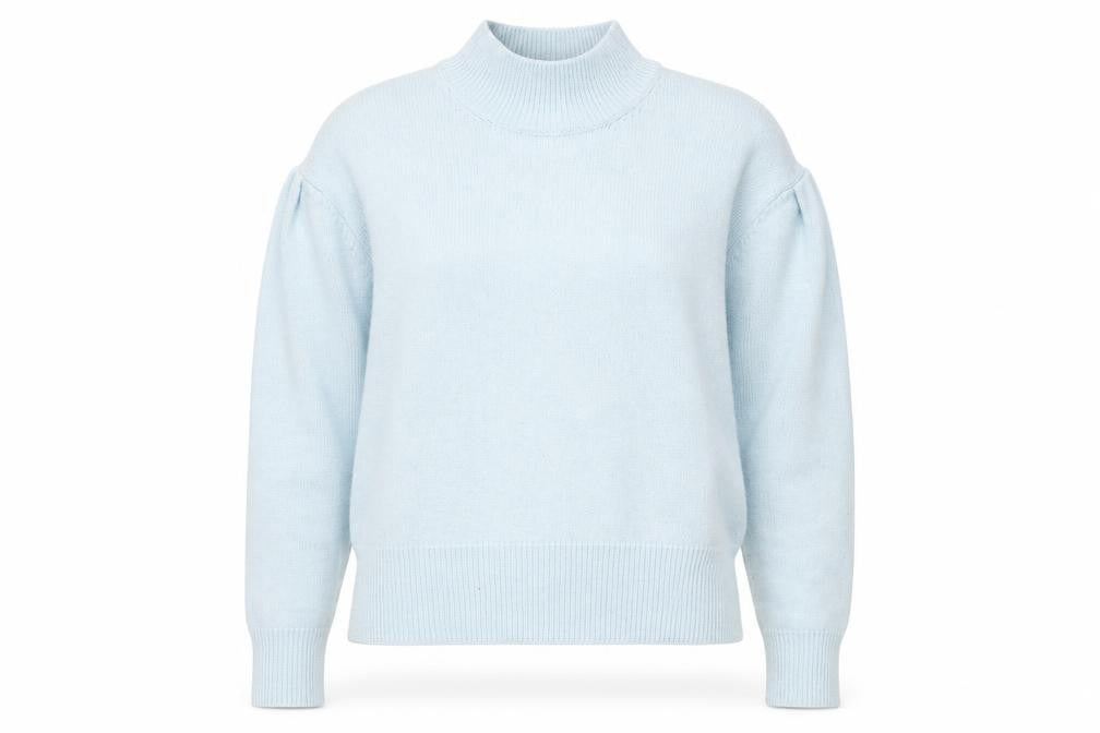Front view of Marks & Spencer women’s blue mock neck polyester jumper, size M