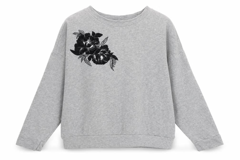 Front view of Marks & Spencer women’s grey cotton pullover sweatshirt, size UK 16, pullover - floral detail