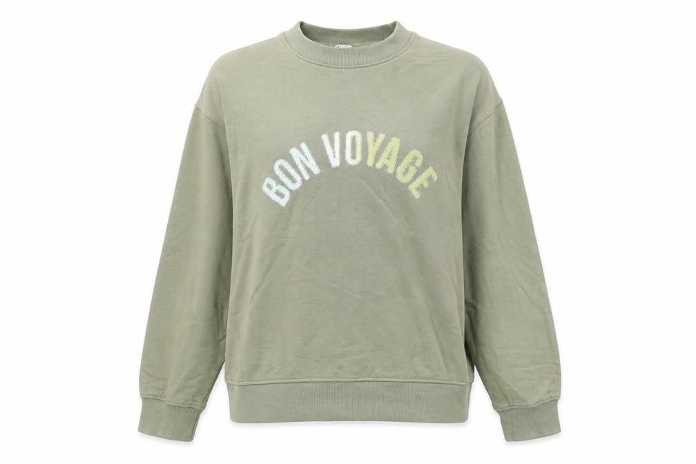 Front view of Marks & Spencer women’s green cotton pullover sweatshirt, size M, pullover - bon voyage
