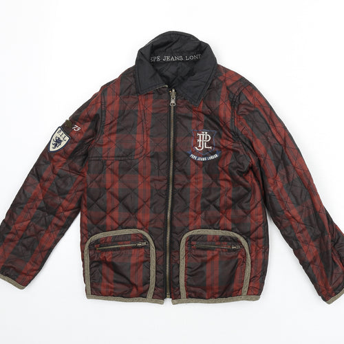 Pepe Jeans Boys Red Plaid Quilted Coat Size 6 Years Zip