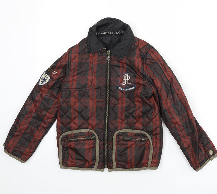 Pepe Jeans Boys Red Plaid Quilted Coat Size 6 Years Zip