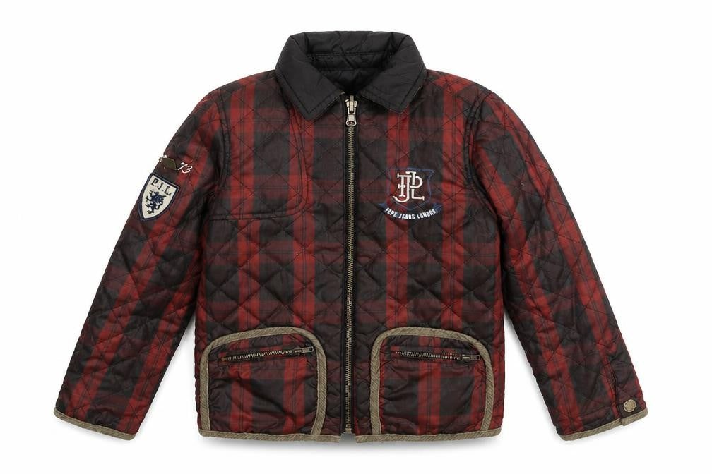 Pepe Jeans Boys Red Plaid Quilted Coat Size 6 Years Zip