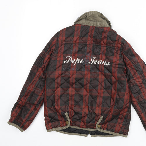 Pepe Jeans Boys Red Plaid Quilted Coat Size 6 Years Zip