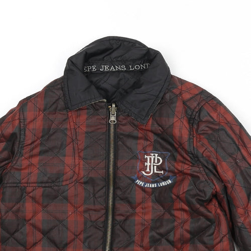 Pepe Jeans Boys Red Plaid Quilted Coat Size 6 Years Zip
