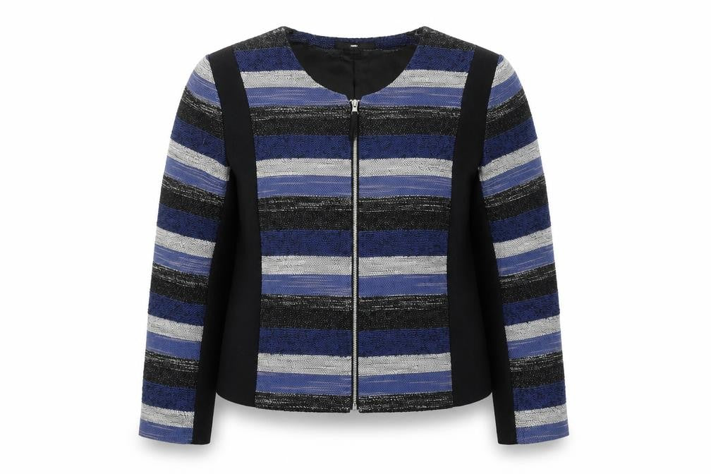 Front view of H&M women’s multicoloured striped jacket, size UK 16, zip
