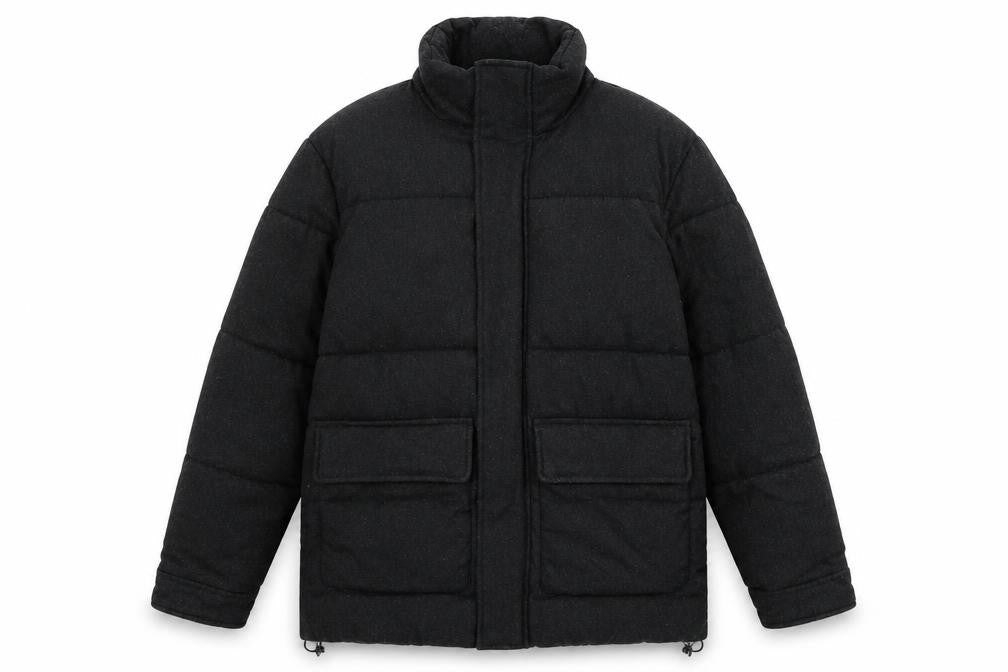 Front view of Zara women’s grey puffer jacket coat, size S, zip