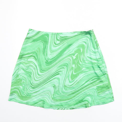 Boohoo Womens Green Geometric Polyester A-Line Skirt Size 12 Zip - Swirl Pattern