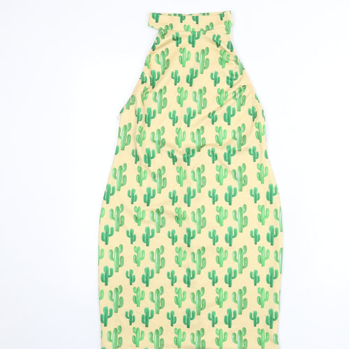 Boohoo Womens Beige Geometric Polyester Bodycon Size 12 Halter Button - Cactus Print