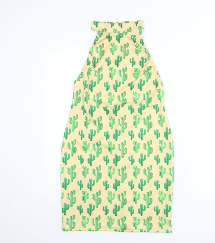 Boohoo Womens Beige Geometric Polyester Bodycon Size 12 Halter Button - Cactus Print