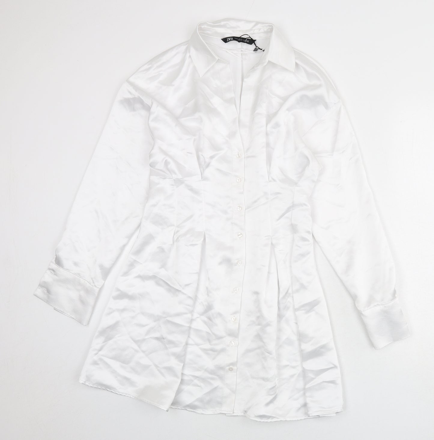 Zara Womens White Polyester Shirt Dress Size M Collared Button