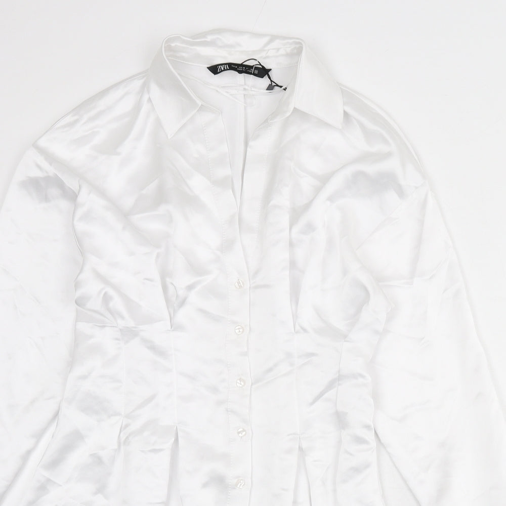 Zara Womens White Polyester Shirt Dress Size M Collared Button