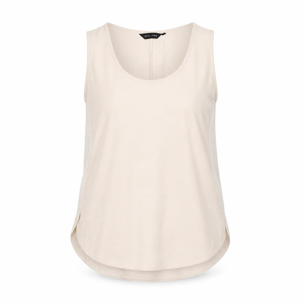 Front view of New Look women’s beige polyester basic tank, size UK 8, scoop neck