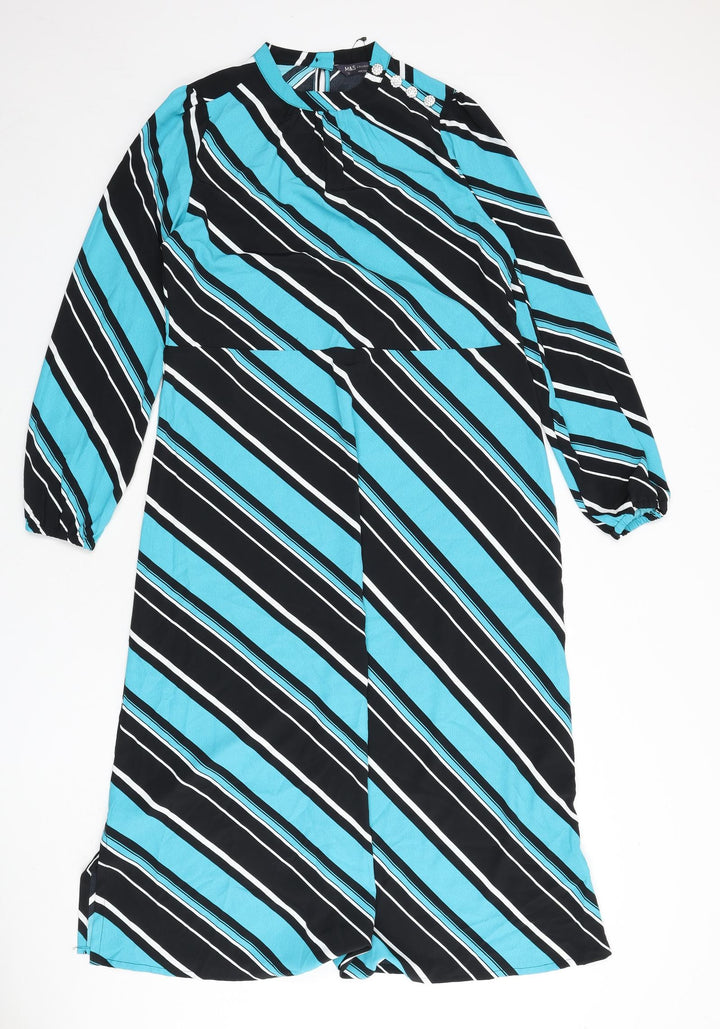 Marks and Spencer Womens Multicoloured Striped Polyester A-Line Size 10 Round Neck Button