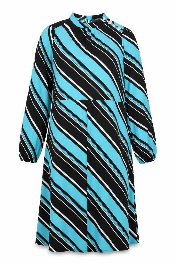 Front view of Marks & Spencer women’s multicoloured striped polyester a-line, size UK 10, round neck button