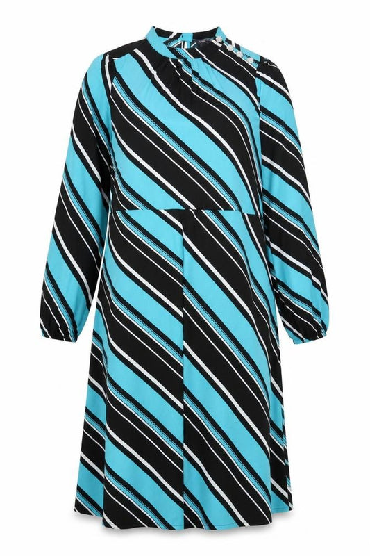 Front view of Marks & Spencer women’s multicoloured striped polyester a-line, size UK 10, round neck button