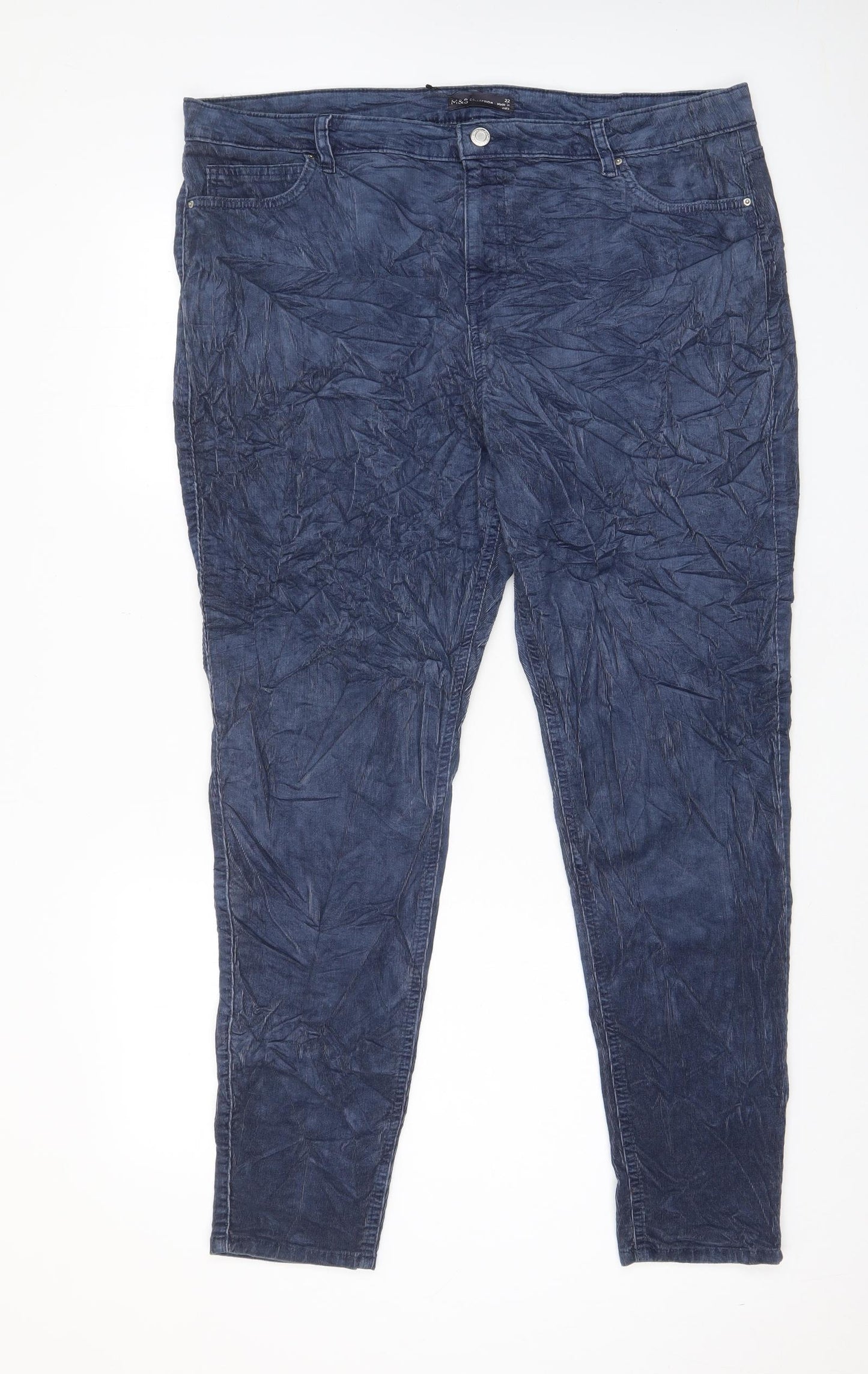 Marks and Spencer Womens Blue Cotton Trousers Size 22 L29 in Regular Zip - Pockets