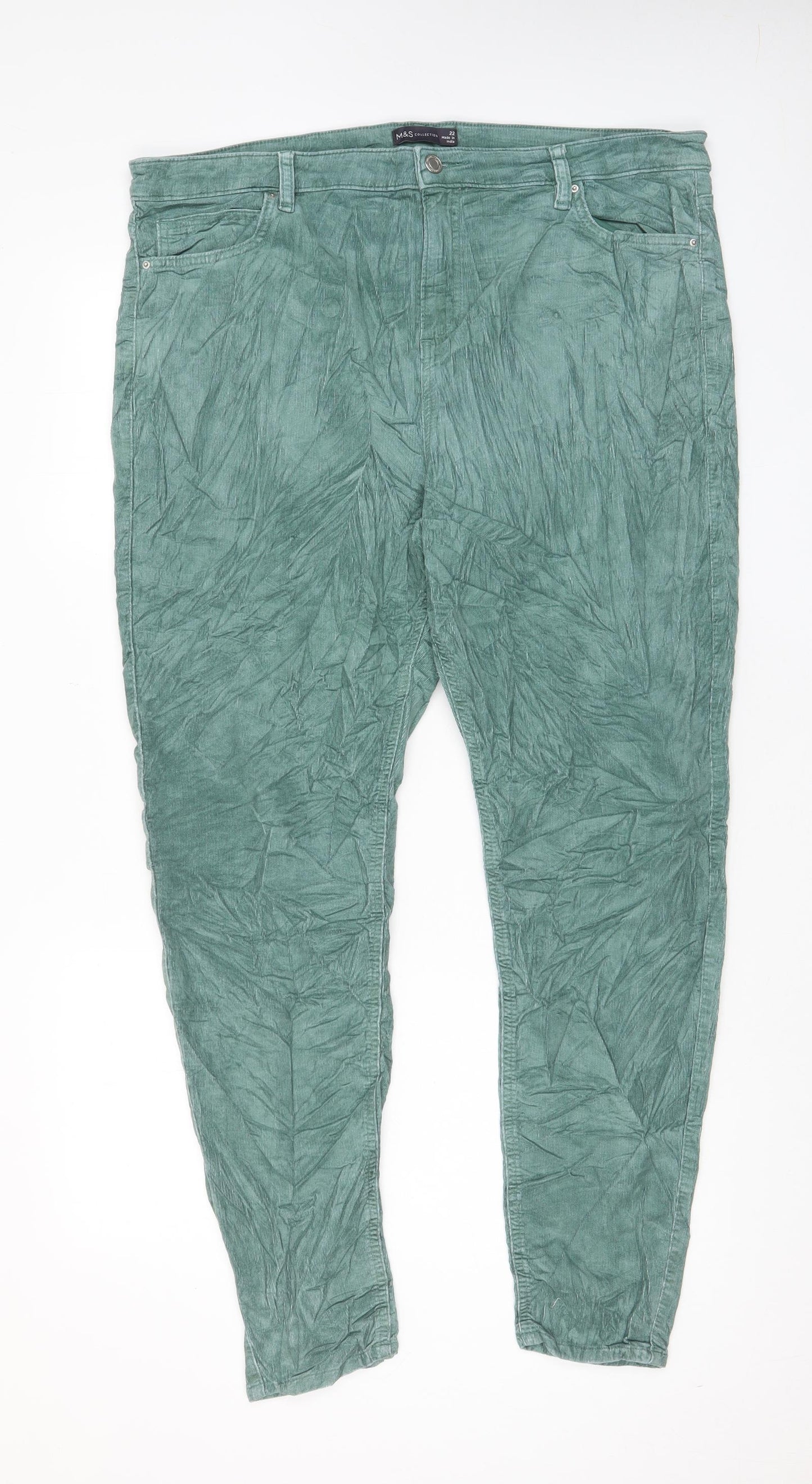 Marks and Spencer Womens Blue Cotton Trousers Size 22 L30 in Regular Zip - Pockets