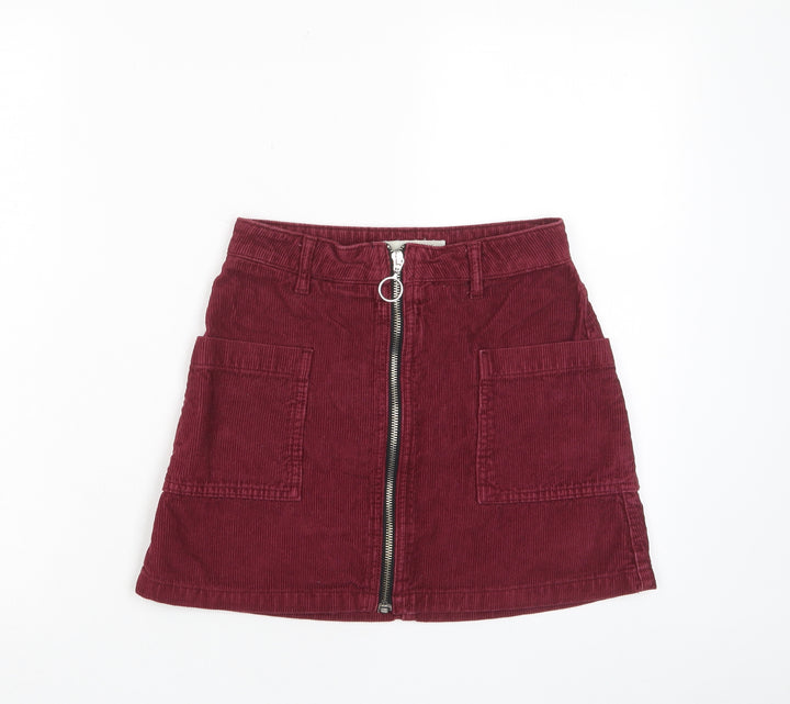 Topshop Womens Red Cotton A-Line Skirt Size 6 Zip - Pockets