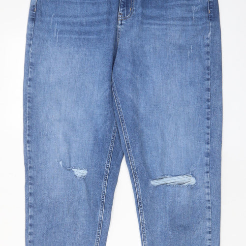 Marks and Spencer Womens Blue Cotton Mom Jeans Size 16 L28 in Regular Zip - Pockets
