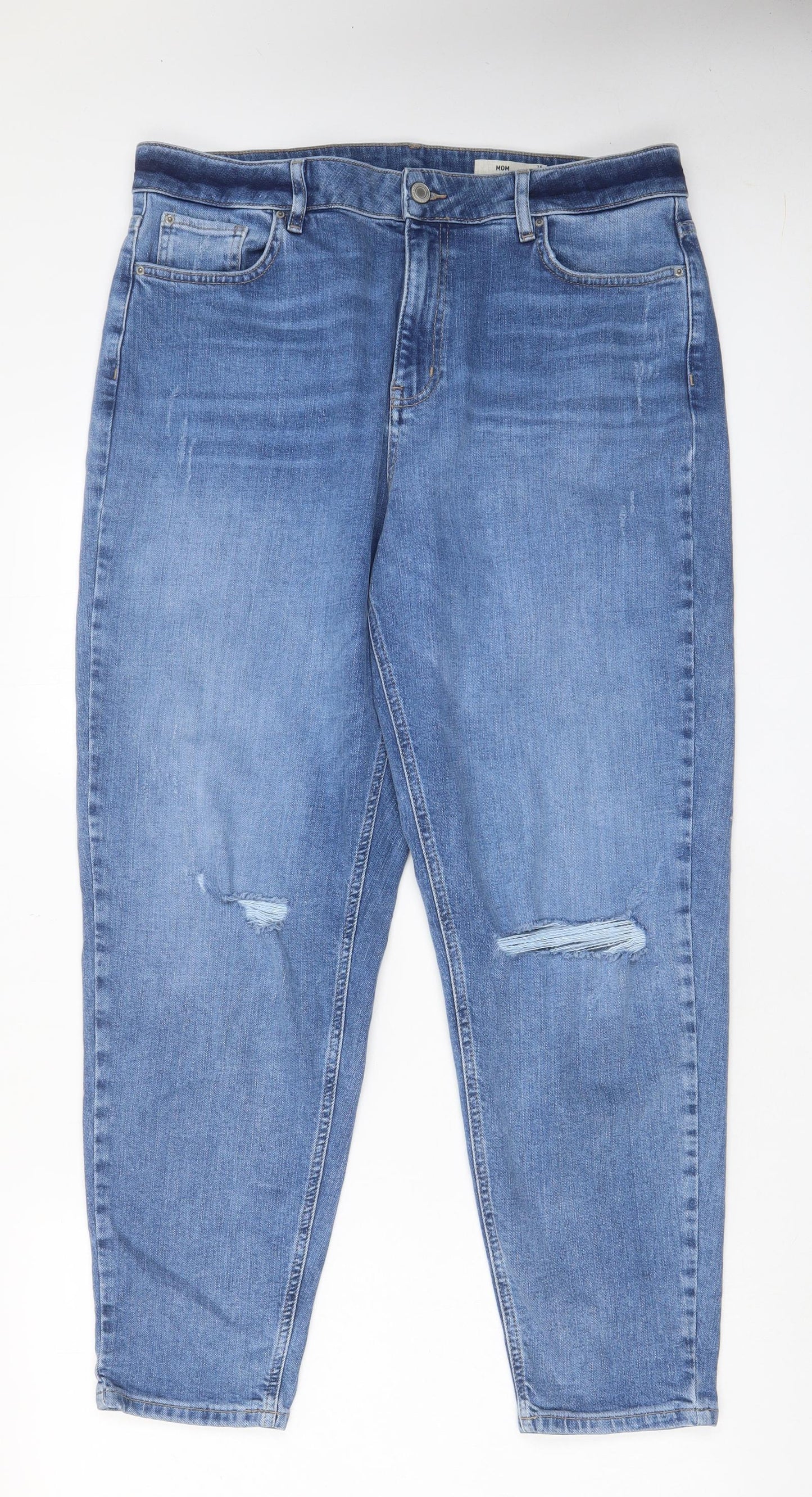 Marks and Spencer Womens Blue Cotton Mom Jeans Size 16 L28 in Regular Zip - Pockets