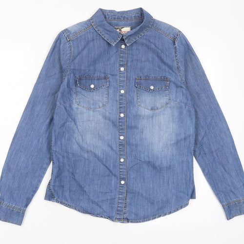 YesYes Womens Blue Cotton Basic Button-Up Size 8 Collared - Pockets