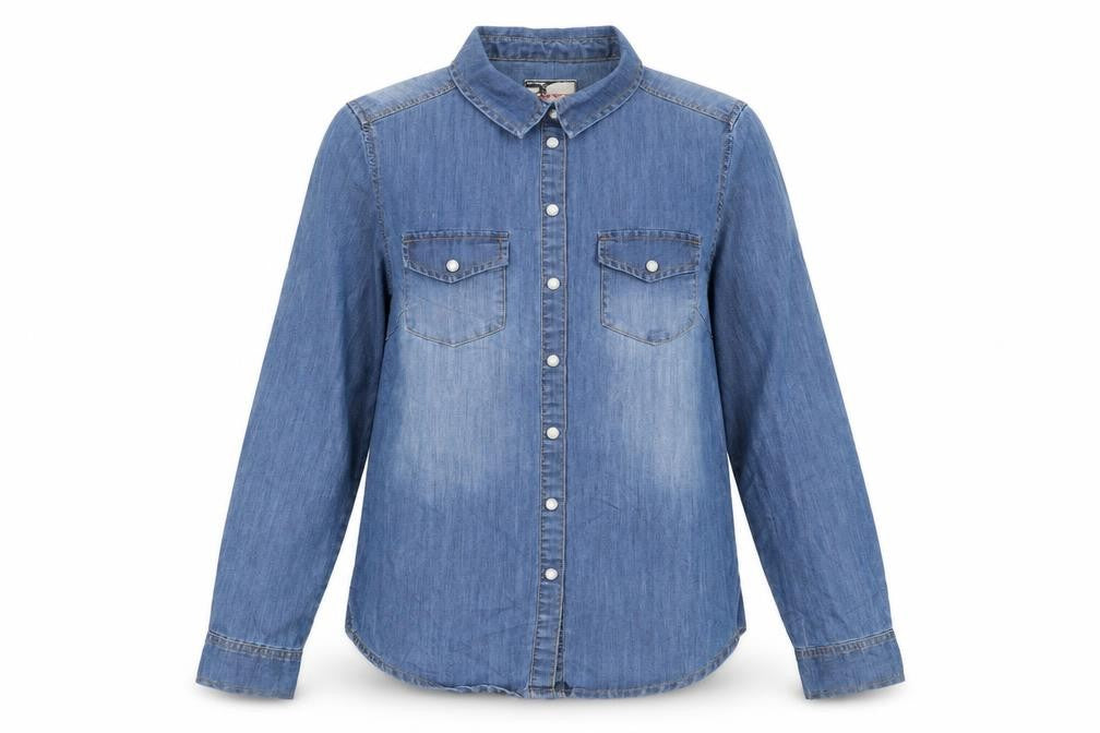 Front view of Yes Yes women’s blue cotton basic button-up, size UK 8, collared - pockets