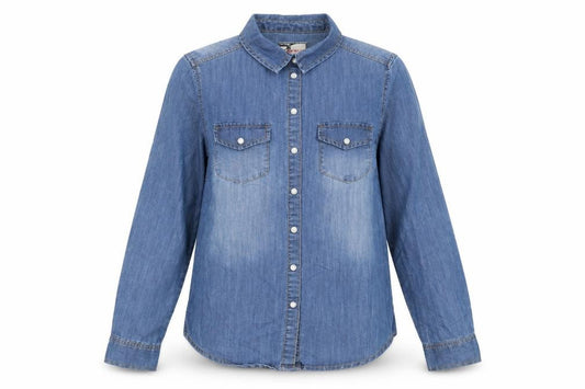 Front view of Yes Yes women’s blue cotton basic button-up, size UK 8, collared - pockets