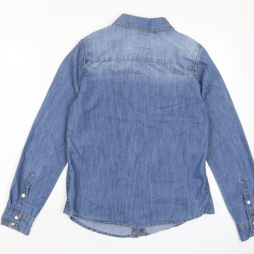 YesYes Womens Blue Cotton Basic Button-Up Size 8 Collared - Pockets