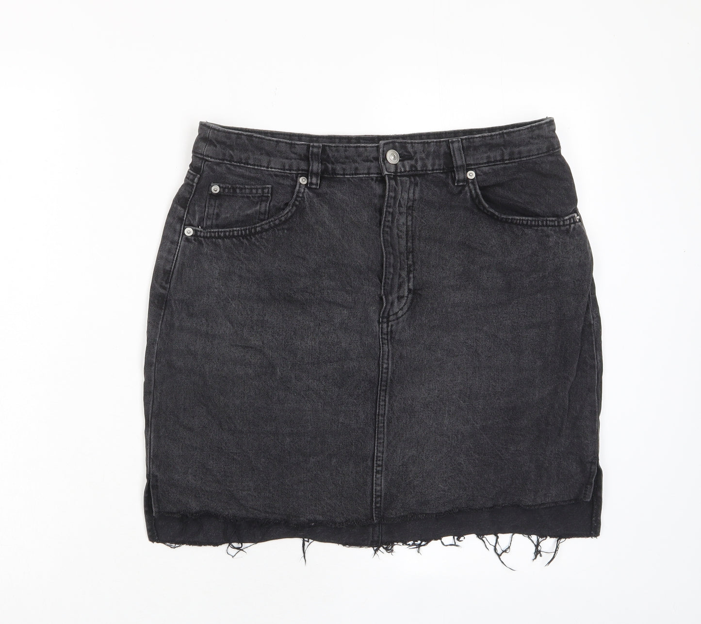 H&M Womens Black Cotton A-Line Skirt Size 14 Zip - Pockets