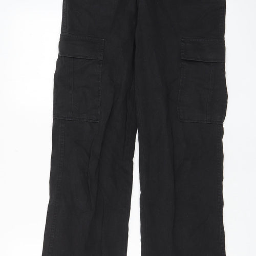 Stradivarius Womens Black Cotton Cargo Trousers Size 10 L32 in Regular Zip - Pockets, Belt Loops