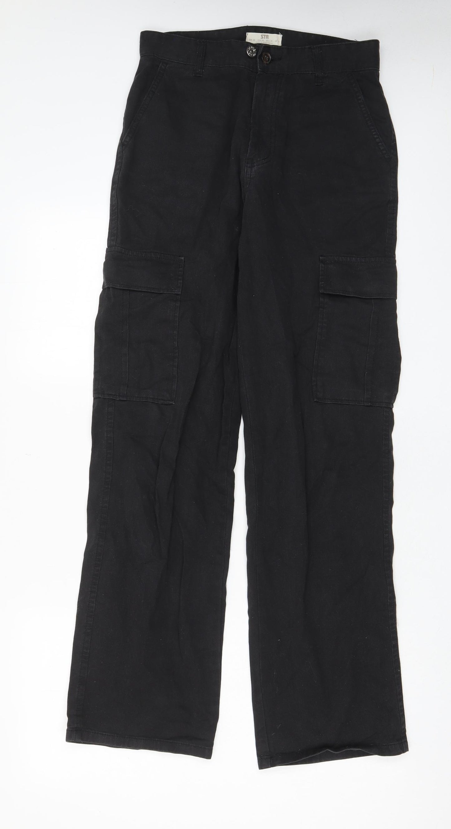 Stradivarius Womens Black Cotton Cargo Trousers Size 10 L32 in Regular Zip - Pockets, Belt Loops