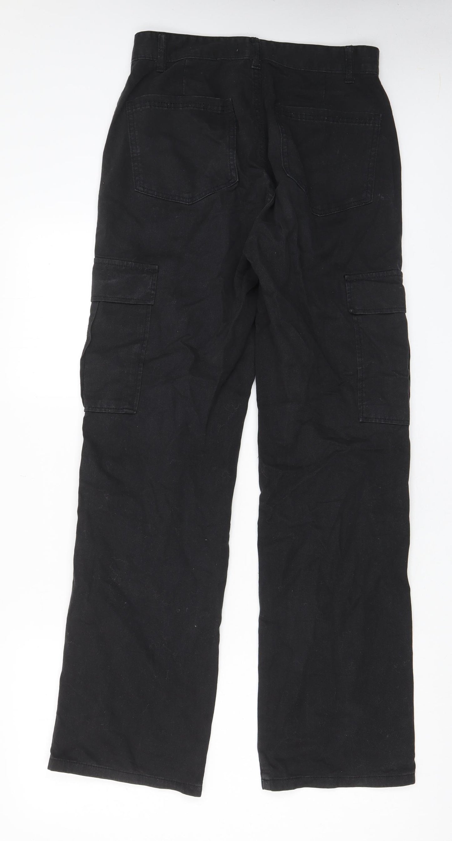 Stradivarius Womens Black Cotton Cargo Trousers Size 10 L32 in Regular Zip - Pockets, Belt Loops