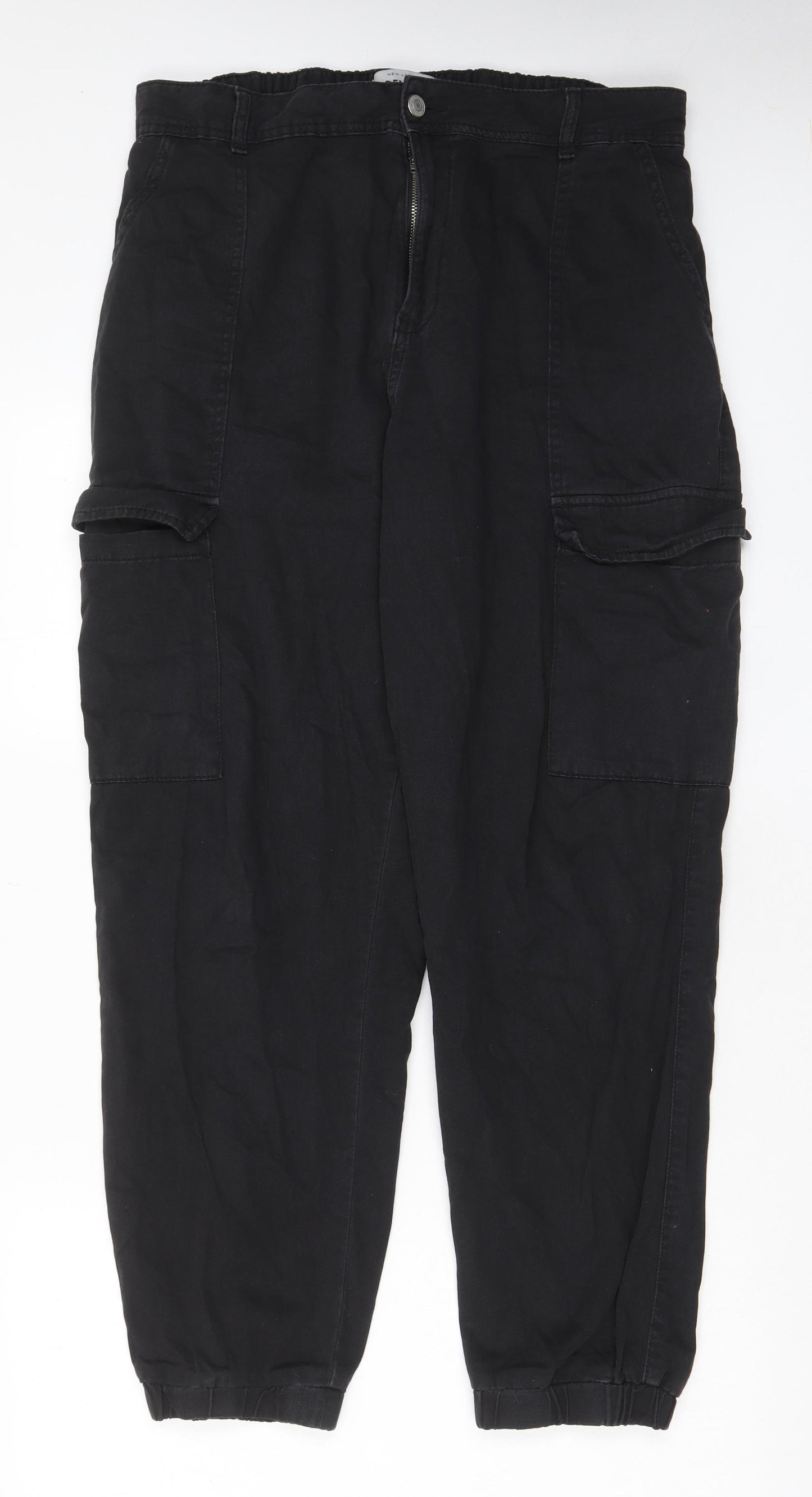 New Look Womens Black Cotton Cargo Trousers Size 16 L29 in Regular Zip - Pockets, Cuffed