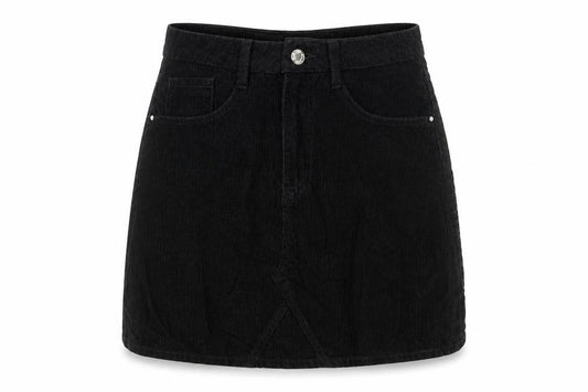 Front view of Denim & Co. women’s black polyester a-line skirt, size UK 6, zip