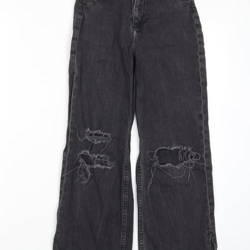 H&M Girls Grey Cotton Wide-Leg Jeans Size 10-11 Years L25 in Regular Zip - Distressed, Pockets, Belt Loops
