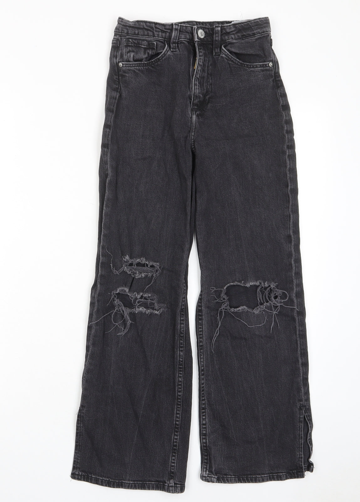 H&M Girls Grey Cotton Wide-Leg Jeans Size 10-11 Years L25 in Regular Zip - Distressed, Pockets, Belt Loops